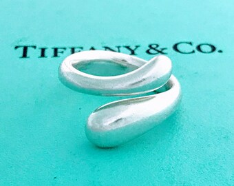 Authentic Tiffany & Co. Elsa Peretti Teardrop Band Ring Sterling Silver, Tiffany Open Bypass Tear Drop Ring, Wrap Around Adjustable Band