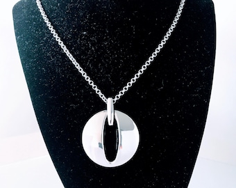 Designer Elle Smooth Split Domed Circle Pendant Necklace Sterling Silver, Modern Domed Open Disc Double Rolo Cable Link Chain Contemporary