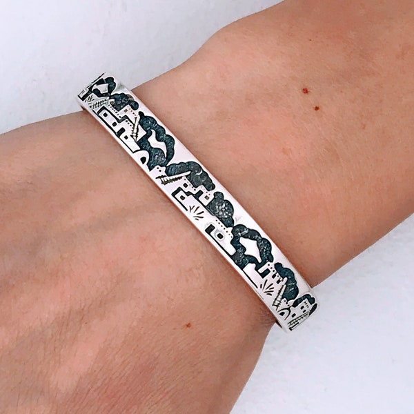 Carolyn Pollack Sterling Silver Storyteller Cuff Bracelet, Rare Relios Southwest Native American Tribal Style 925 Silver Story Teller Cuff