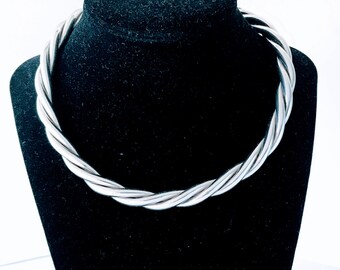 Vintage Thick Wide Cable Twist Collar Choker Neck Cuff Necklace 925 Sterling Silver, Retro Chunky Twisted Coiled Tube Torc Torque Choker Big