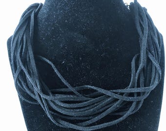 Silpada Soft Black Suede Multi Strand Necklace Sterling Silver Adjustable, Designer Corded Mani Strands Round Link Chain Necklace