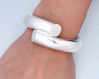 Vintage Taxco Modernist Bypass Smooth Tubular Bypass Cuff Bracelet Sterling Silver, Retro Round Smooth Double Tube Overlap Domed Cuff Chunky