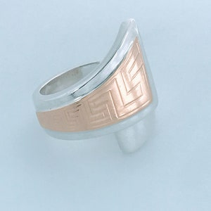 Savati 925 Sterling Silver 22K Gold Greek Key Meander Bypass Band Ring, Greek Designer Savati Chunky Engraved Meander Motif Ring, Big Bold