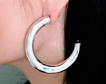Extra Large Thick Sterling Silver Hammered Round Hoop