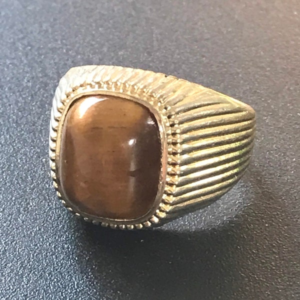 Large Tigers Eye 18K Gold Plate Ring, Vintage Gold Plated Tiger Eye Ring, Mens Gold Tigers Eye Ring, Big Tigers Eye Yellow Gold HGE Ring
