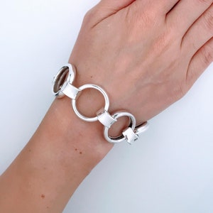 Vintage Large Puffed Round Chain Link Connector Bracelet 925 Sterling Silver, Retro Big Bold Chunky Circles Links Modern Statement Bracelet