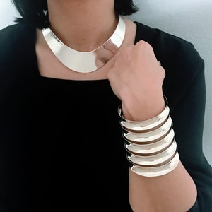 VTG DDD Mexico Modernist Extra Wide Polished Concave Cuff Bracelet 925 Sterling Silver, Retro High Shine Smooth Open Concave Dome Multi Band