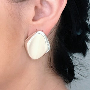 Vintage Taxco Sterling Silver Modernist Post Earrings, Large Sculptural 925 Silver Puffy Concave Geometric Diamond Earrings, Chunky Retro