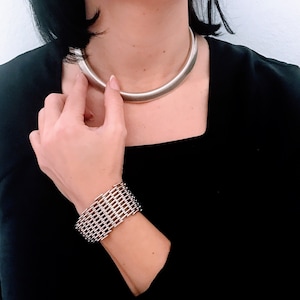 Vintage Diamond Shaped Gate Chain Link Bracelet, Retro Bold 925 Silver Tapered Rectangular Brick Panther Link Bracelet, Art Deco Mid Century