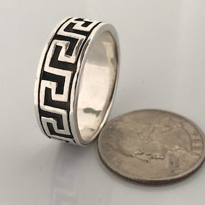 Large Vintage Men&#39;s Modernist Sterling Silver Ring Band, Big Retro 925 Silver Greek Key Pattern Ring Band, Wide Geometric Statement Ring