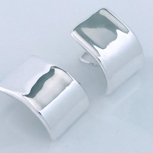 Large Modernist Puffed Sterling Silver Curved Rectangle Earrings, Sculptural Rectangular J Half Hoop Earrings, Big Chunky Puffed Free Form