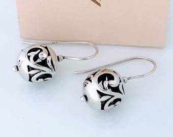 Vintage Silpada Scroll Ball Sphere French Wire Earrings Oxidized Sterling Silver, Cut Out Filigree Floral Globe Drop Dangle Hook Earrings