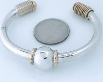 Vintage Taxco Mexico Center Ball Sphere Tubular Cuff Bracelet Sterling Silver Brass Accent, Retro Two Toned Modernist Ball Globe Smooth Cuff