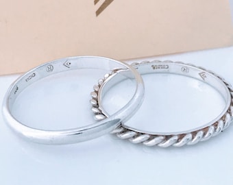 Two Silpada Sterling Silver Stacking Bands Rings, Designer Smooth Twisted Rope Stack Bands, Southwest Ethnic Tribal Style Layering Dainty