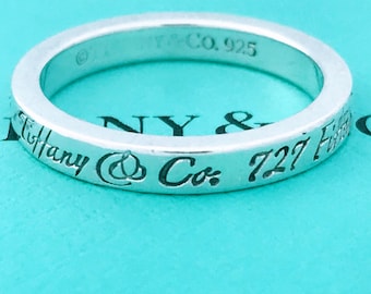 Authentic Tiffany & Co Notes Script Fifth Avenue Band Ring 925 Sterling Silver, Vintage Dainty Tiffany New York 1022 5th Ave Ring Stacking