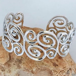 Ross Simons Sterling Silver Ornate Openwork Cuff Bracelet, Designer Wide 925 Silver Scroll Swirl Cuff Bracelet, Chunky Silver Filigree Cuff