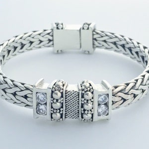 Vintage Sterling Silver Wheat Chain CZ Stone Bracelet , Thick Woven Wheat Link 925 Silver Cubic Zirconia Accent Station Bangle, Bali Tibetan
