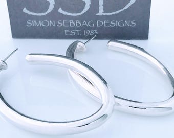 Simon Sebbag SSD Large Puffed Sterling Silver Elongated Pointed Oval Hoops Post Stud Earrings, Designer Big Long Smooth Tube Pierced Dangle