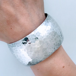 Vintage Mexico Hammered Sterling Silver Domed Cuff Bracelet, Wide Large Textured Dome 925 Silver Cuff, Chunky Retro Concave Silver Cuff