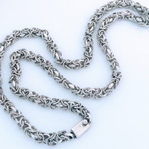 VTG Sterling Silver Textured Byzantine Chain Link Necklace, Long Heavy 925 Silver Twisted Kings Braid, Loose Open Bird Cage Rope Twist Chain