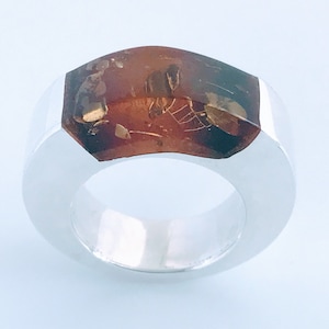 Vintage Modernist 925 Sterling Silver Amber Stone Ring, Mid Century Modern Sculptural Geometric High Polish Band, Big MCM Mod Oval Dome