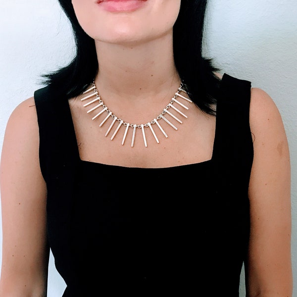 Sterling Silver Cleopatra Style Bib Necklace, Artisan 925 Silver Fringe Bar Collar Dangle Link Choker Collar, Hanging Posts Chain Link Bold