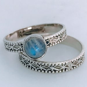 Southwest Sterling Silver Moonstone Stacking Ring Band , Etched Oxidized 925 Silver Oval Stone Stack Ring Pair, Ethnic Bobo Style Stack Ring