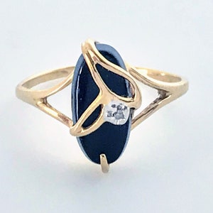 Vintage 10K Yellow Gold Black Onyx Diamond Ring, VTG Art Deco 10k Gold Black Onyx Diamond Ring Band, VTG 10K Yellow Gold Diamond Onyx Ring