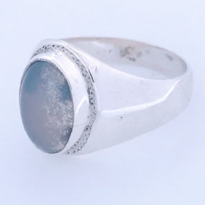 Large Vintage Sterling Silver Chalcedony Band Ring, Chunky Retro Polished 925 Silver Blue Stones Ring, Heavy Men&#39;s Sterling Oval Stone Ring