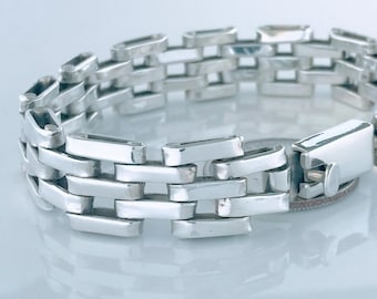 Vintage Taxco Sterling Silver Modernist Gate Link Bracelet, Big Bold 925 Silver Chain Link Bracelet, Heavy Geometric Panther Brick Link Cuff