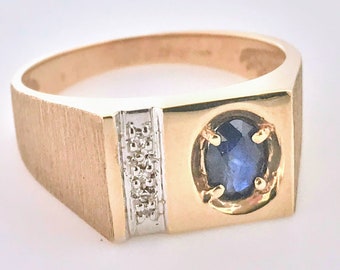 Rectangular 10k Yellow Gold Blue Topaz Diamond Ring, Large Mens 10K Gold Blue Topaz Diamond Accented Ring, Big Genuine Gold Blue Stone Ring