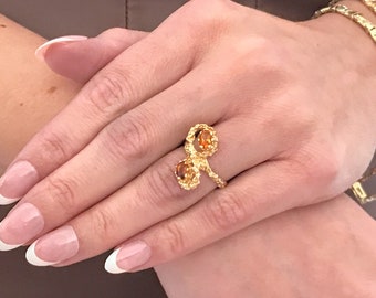 Vintage Brutalist 14kYellow Gold Citrine Stone Ring Band, Retro Modernist Gold Orange Stones Nugget Ring Abstract Free Form Organic Raw Gold