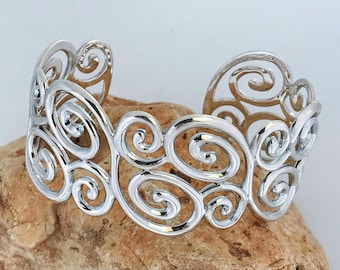 Ross Simons Sterling Silver Ornate Openwork Cuff Bracelet, Designer Wide 925 Silver Scroll Swirl Cuff Bracelet, Chunky Silver Filigree Cuff