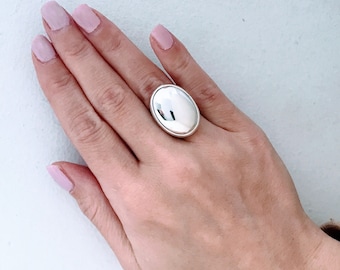 Vintage Mexico Modernist Sterling Silver Statement Ring, Chunky Retro Long Oval Dome 925 Silver Ring, Heavy Sculptural Domed Ring