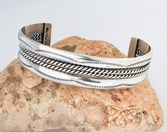 Vintage Tahe Navajo Sterling Silver Twisted Rope Cuff Bracelet