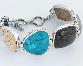 Silpada Sterling Silver Multi Stone Toggle Bracelet, Retired Silpada B1934 925 Silver Gem Stones Bracelet Turquoise Jasper Bronzite Pyrite