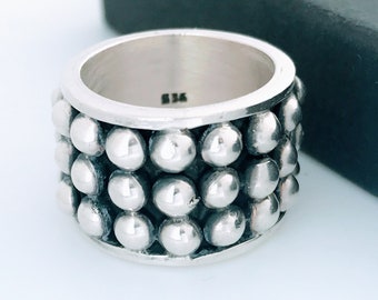 Vintage Mexico Modernist Sterling Silver Studded Band Ring, Retro Heavy Wide 925 Oxidized Silver Ball Beaded Cigar Band Ring, Chunky Bold