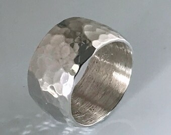 Silpada Wide Solid Hammered Sterling Silver Band Ring, Vintage Designer Textured Faceted Cigar Band Ring, Retro Slightly Domed Froged Formed