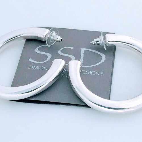 Simon Sebbag Sterling Silver shops Modernist Puffed Hoop Earrings, SSD 925 Silver Large Round Hoop Dangle Earrings, Smooth Polished Silver Earring