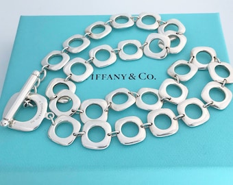 Authentic Tiffany & Co Sterling Silver Square Cushion Link Toggle Necklace, Tiffany 925 Silver Open Square Link Toggle Chain Necklace