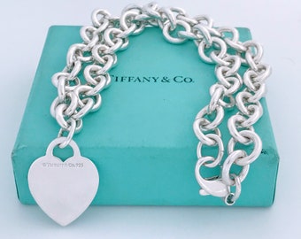 Authentic Tiffany Sterling Silver Heart Tag Choker Necklace, Tiffany  And Co 925 Silver Blank Plain Heart Tag Charm Cable Link Necklace
