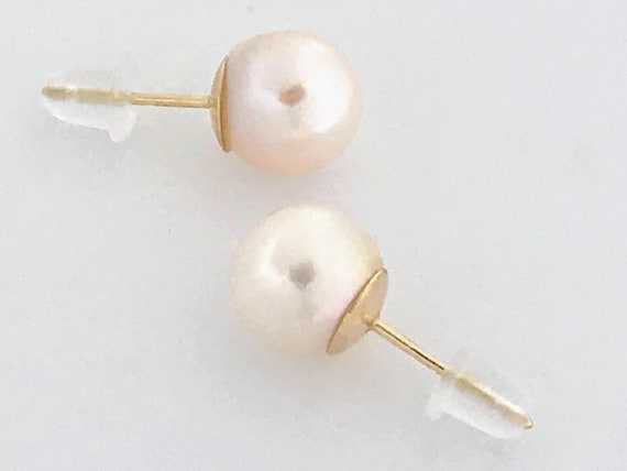 14K Gold Pearl Studs Earrings, 14k Yellow Gold Ro… - image 5