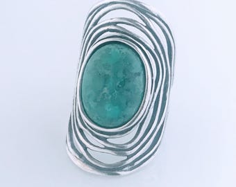 Vintage Designer Didae Sterling Silver Eilat Ring, Chunky Large Coiled Wire Oval Dome Green Stone Ring, Open Woven Convex Saddle Ring Band