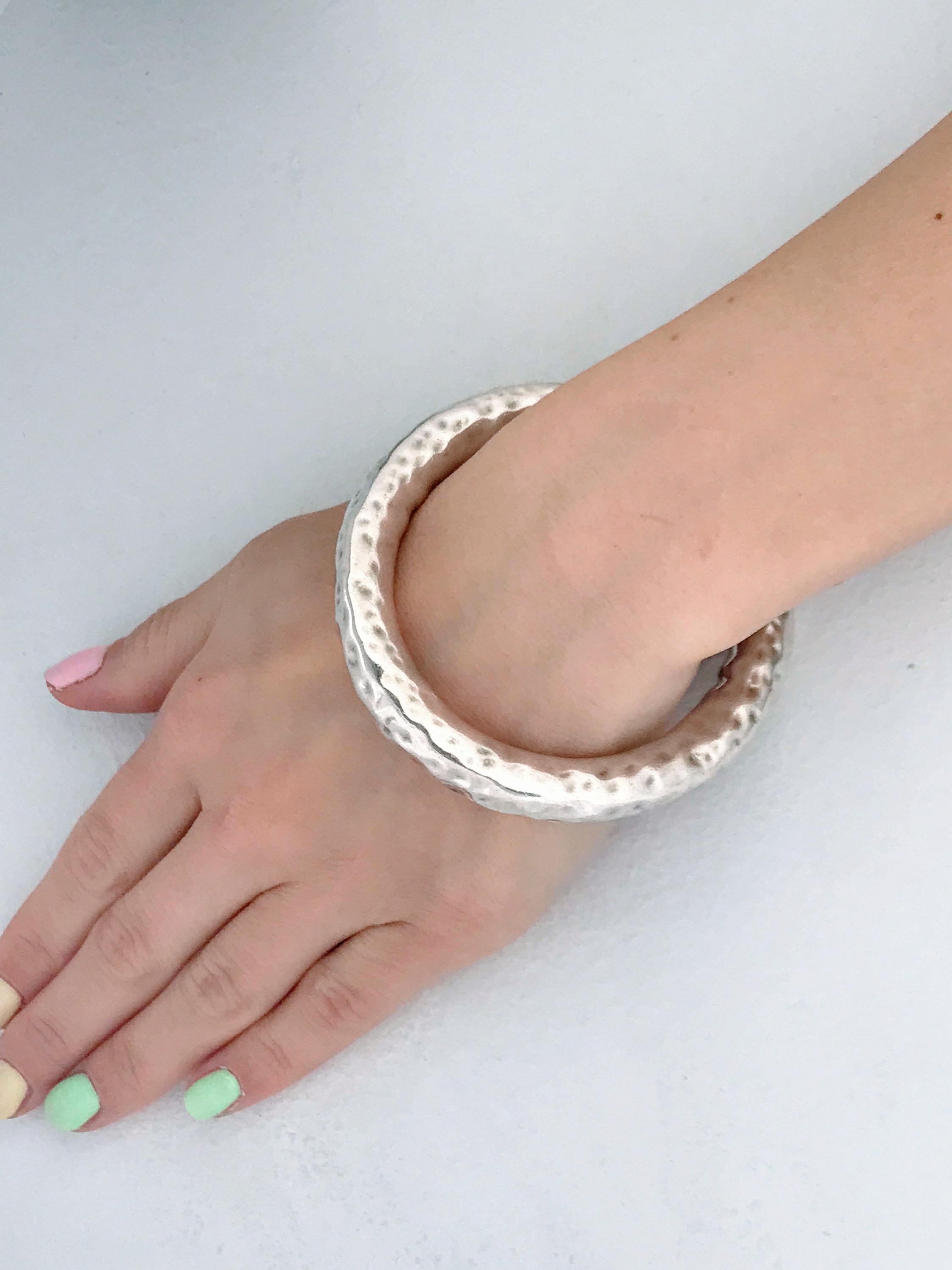 Thick Heavy Oval Hammered Sterling Silver Bangle Bracelet
