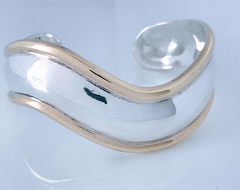 Vintage Taxco Thick Modernist Smooth Domed Wave Cuff Bracelet Two Toned Sterling Silver, Retro Sculptural Wavy Free From Wrap Around Cuff