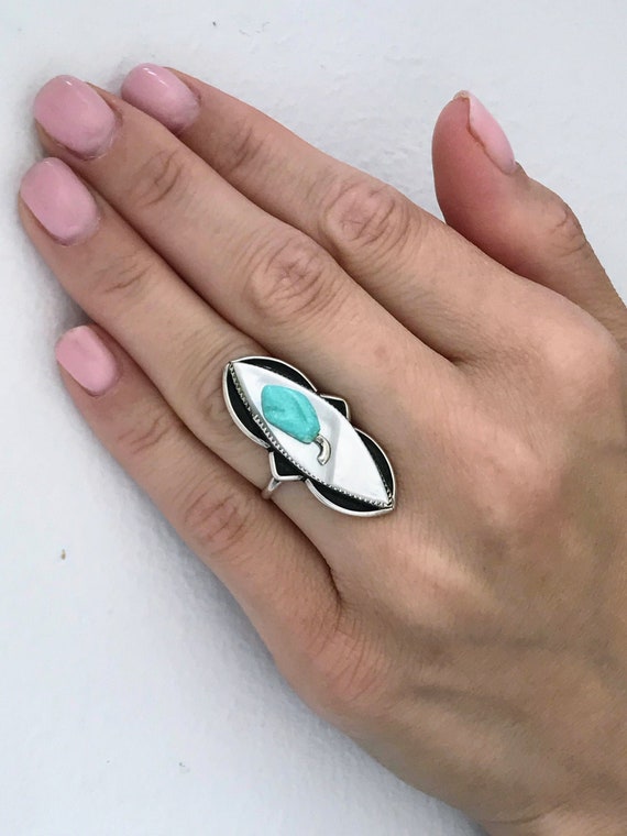 Heavy VINTAGE Native Turquoise Onyx Mother of Pearl Sterling Silver Unisex Ring