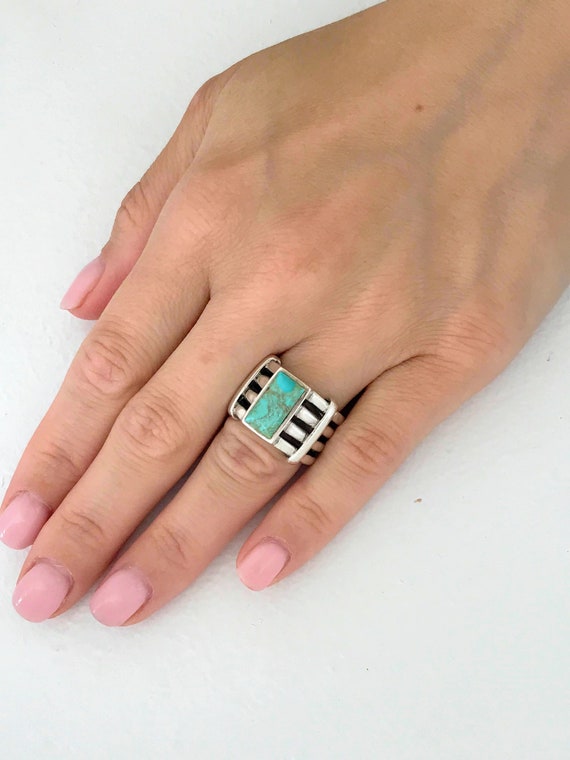 VTG Heavy Wide Sterling Silver Turquoise Ring Ban… - image 5