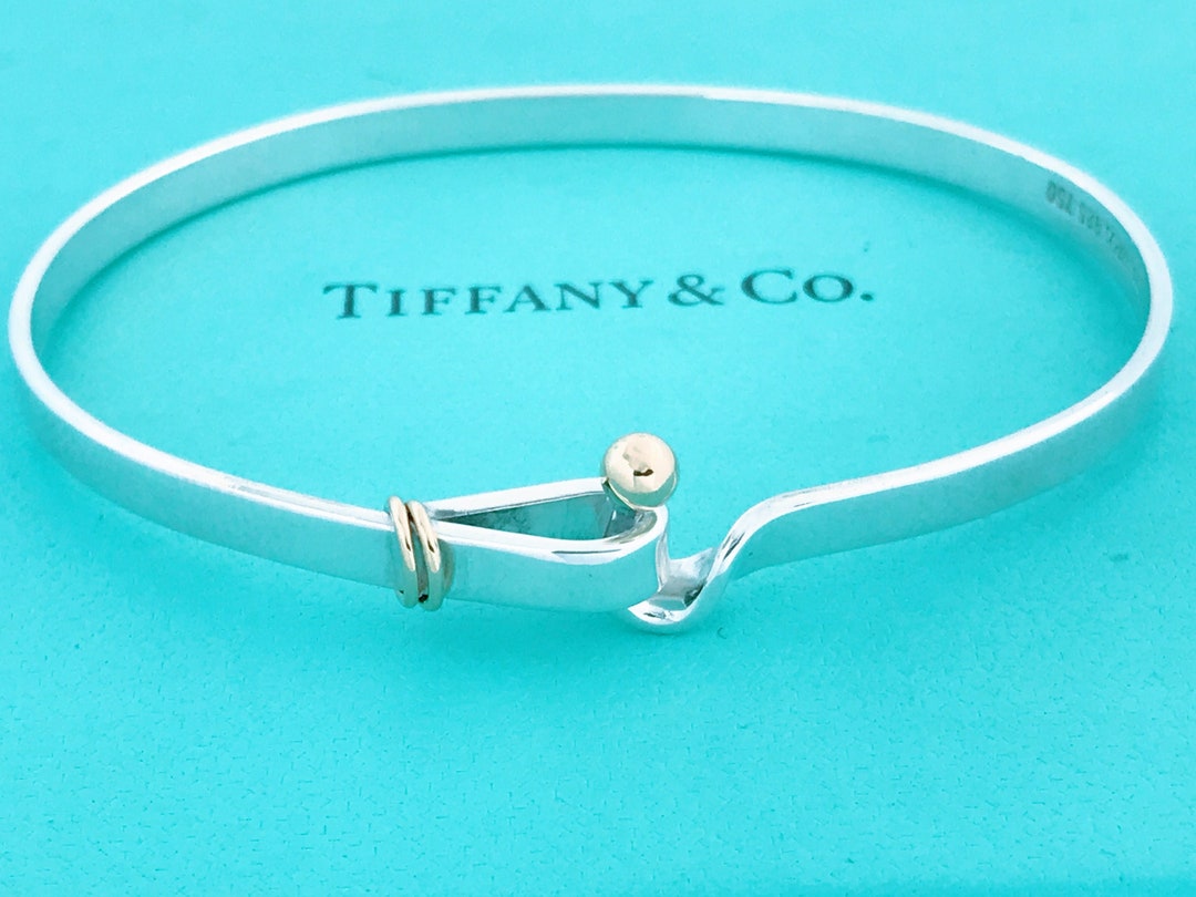 Tiffany & Co. Sterling Silver 18K Yellow Gold Hook and Eye Bangle Bracelet,  Tiffany Co 925 Silver 750 Love Knot Hook Loop Bangle Bracelet 