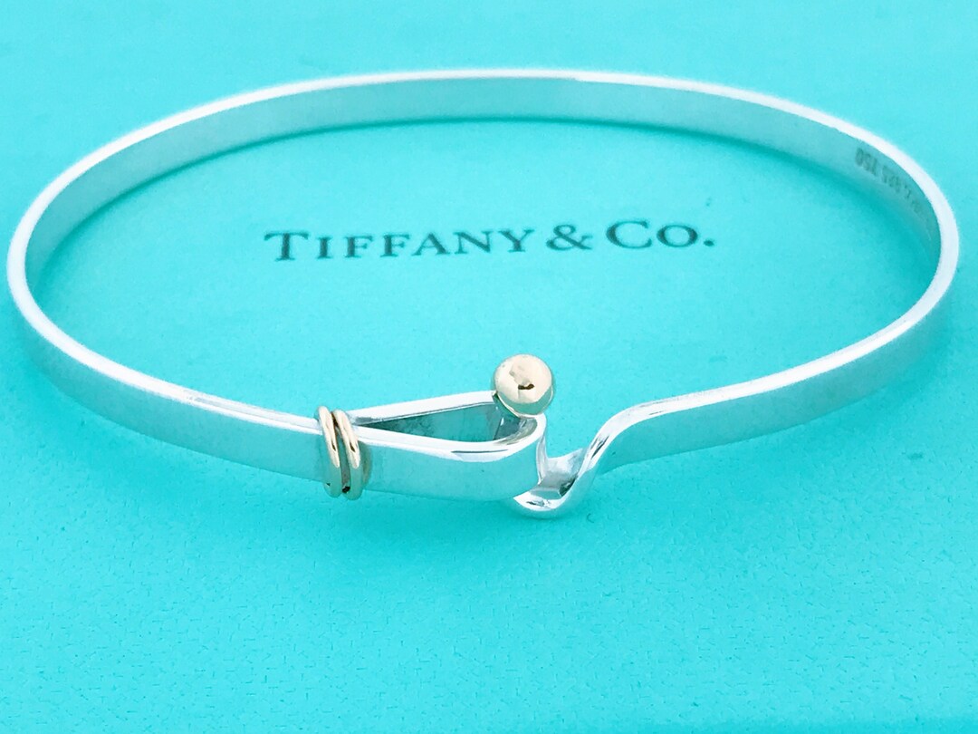 Tiffany & Co. Sterling Silver 18K Yellow Gold Hook and Eye Bangle Bracelet,  Tiffany Co 925 Silver 750 Love Knot Hook Loop Bangle Bracelet 