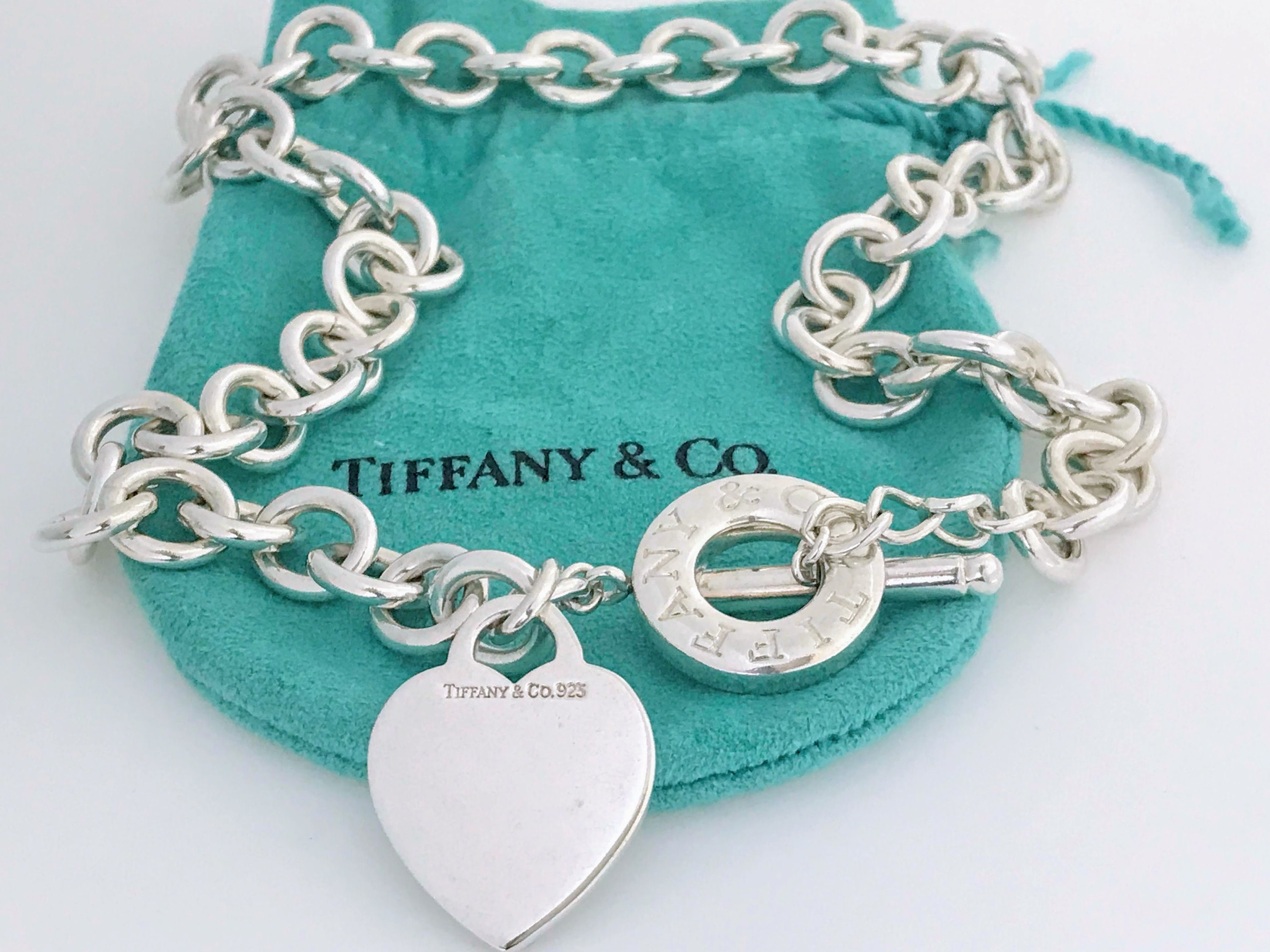 Authentic Tiffany & Co. Sterling Silver Heart Tag Toggle Choker Necklace Tiffany  Co 925 Silver Blank Heart Charm Pendant Toggle Necklace 